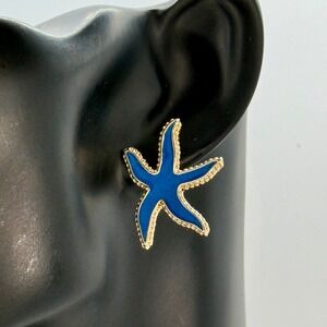Periwinkle by Barlow Blue Starfish Enamel Earrings Gold‎ Tone